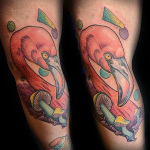 Tattoo uploaded by Landon Wierenga • #neotraditional flamingo on an elbow  bend. • Tattoodo