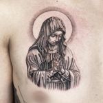 Virgin Mary.  . . . . #tattoo #tattoodesign #tattooist #illsontattoo #blackwork #blackworktattoo #blackworksubmission #chesttattoo #virginmary #virginmarytattoo #seoultattoo 