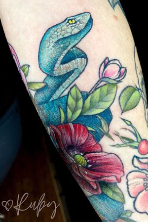 Color Snake Floral Piece #dotwork #etching #illustrative #linework #fineline #delicate #flower #floral #animal #nature #botanical #surrealism #trashpolka #realistic #blackwork #blackandgray #girlytattoo #idea #design #drawing #sketch http://www.therubygore.com