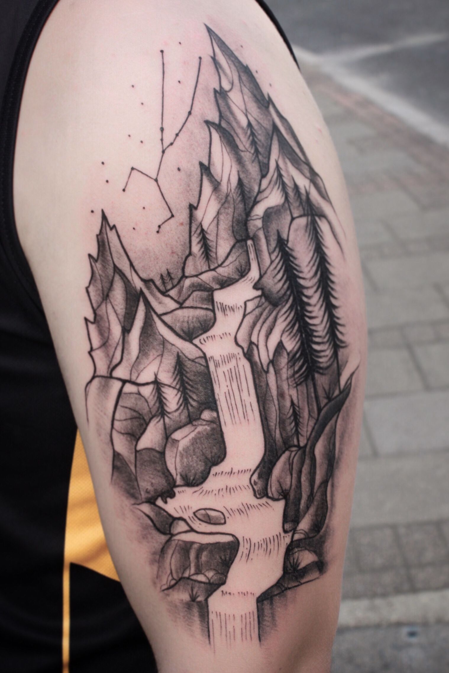 Black And White Forearm Tattoo Of Mountains With Forest And Lake | Hot Sex  Picture
