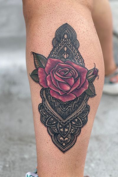 Healed black fresh color on rose mandala tattoo henna rose floral flower Check out my instagram for @theelvastefanie