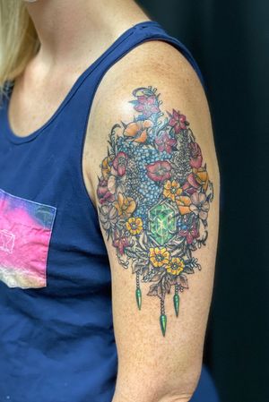 Wildflower bouquet tattoo Fineline gems emerald ornamental jewels floral tattoo micro flowers Check out my instagram for @theelvastefanie