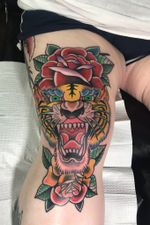 Had a blast on this one! #tiger #traditional #tattoo #bold #traditionalroses 