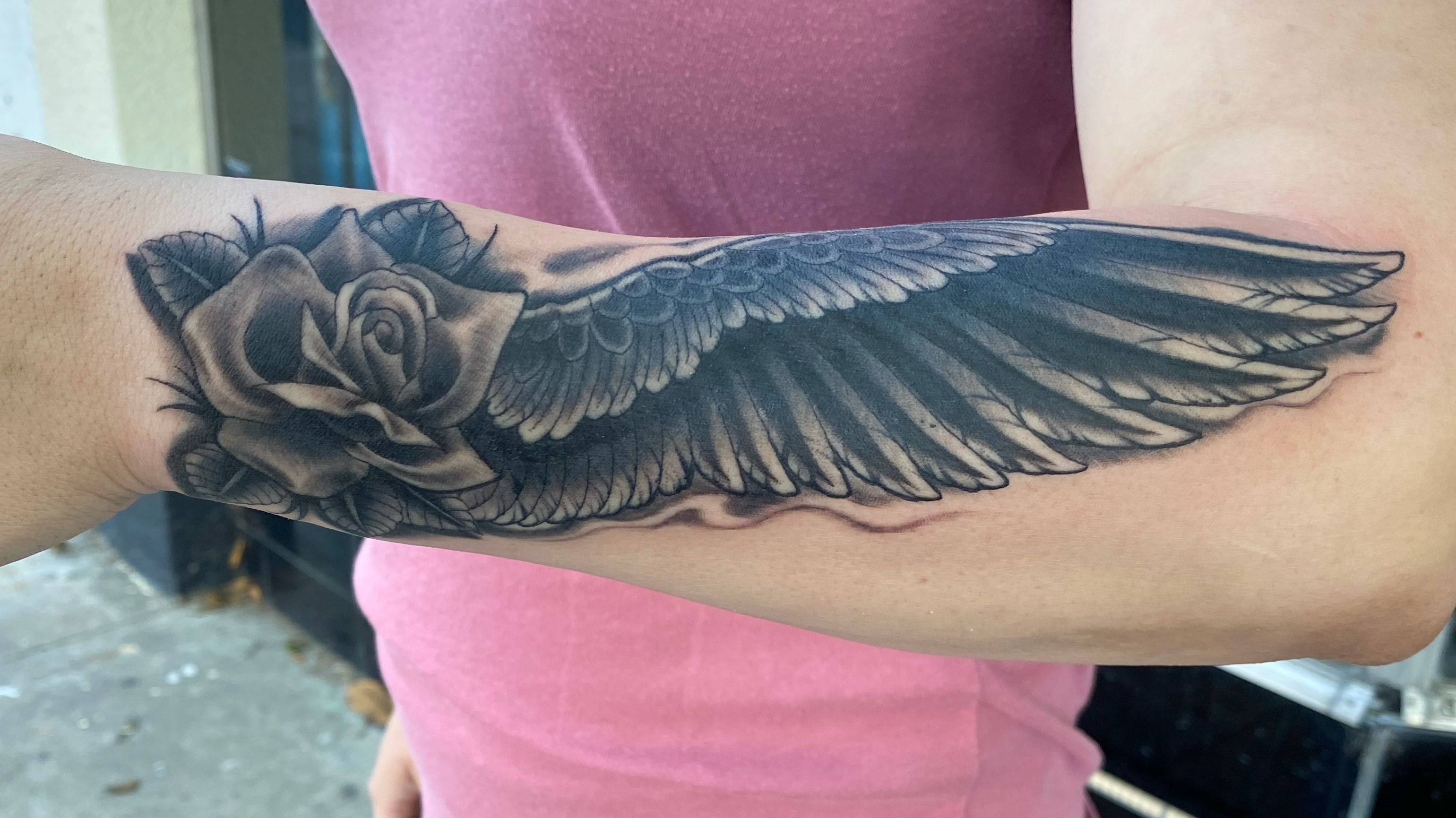 Grey Rose Flower And Eagle Tattoo On Arm Sleeve