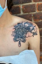 Coverup rose and gem tattoo ornamental shoulder tattoo bng black and grey bling kawaii Check out my instagram for @theelvastefanie