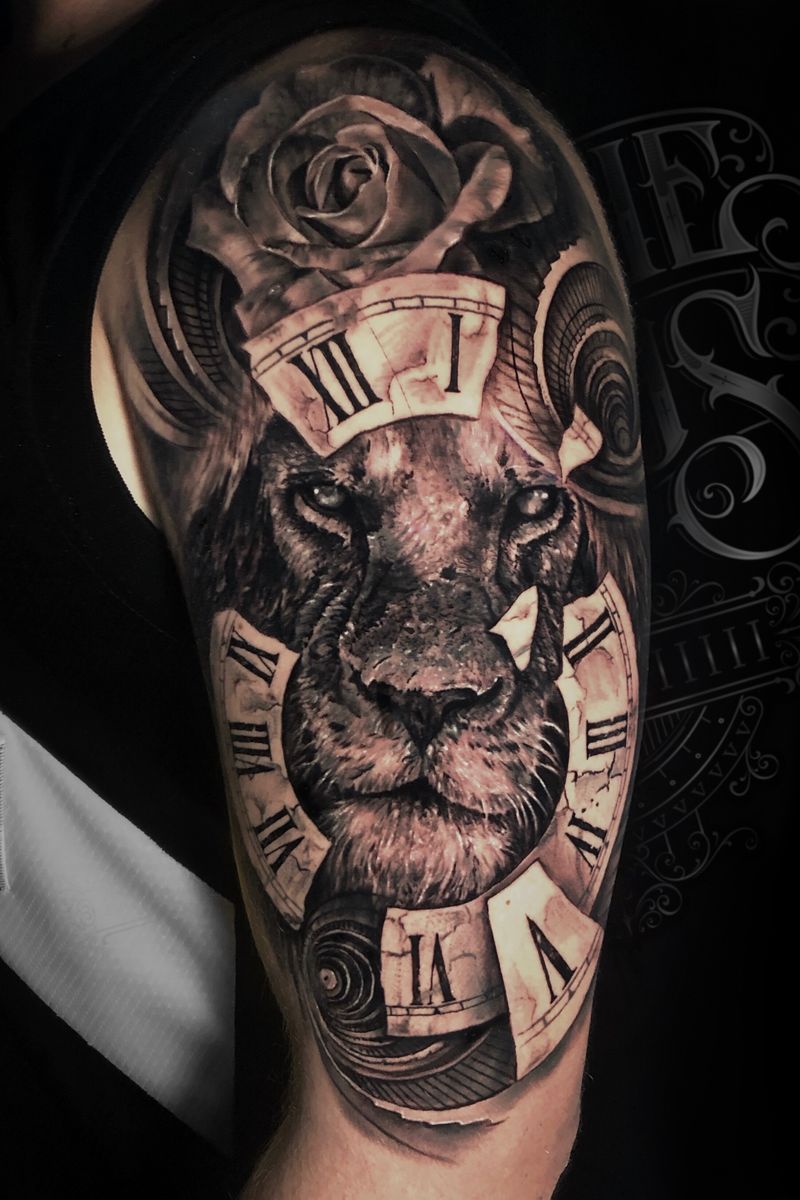 Tattoo uploaded by Tye Tremblay • Lion with rose and clock #liontattoo ...