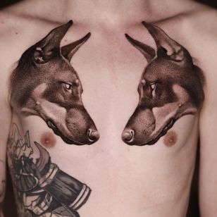 Dog tattoo by Anna Chernova #AnnaChernova #dog #dobermann #chesttattoo #realism