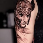Portrait tattoo by Anna Chernova #AnnaChernova #portrait #realism #valkyrie #blackandgrey #helmet #warrior #goddess