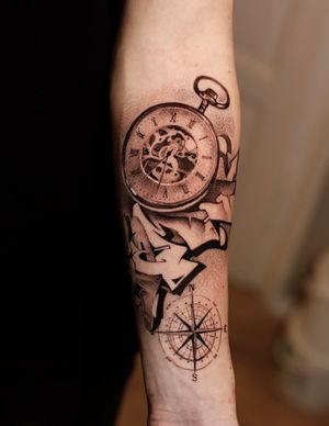 tattoo by Anna Chernova #AnnaChernova #clock #watch #graffiti #compass #fineline #dotwork #blackandgrey #illustrative #time