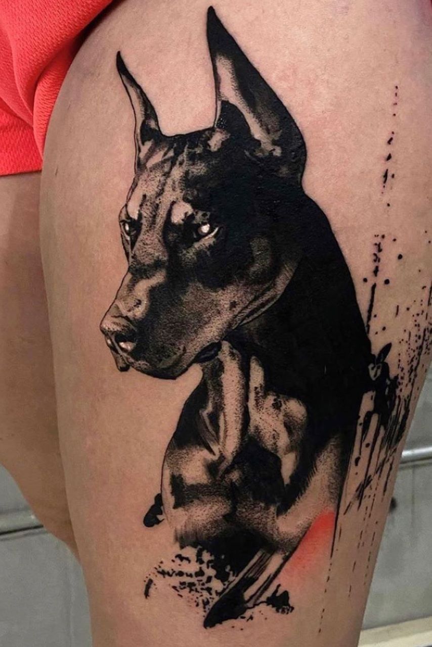 Black and White Savage Spiked Doberman Dog Tattoo