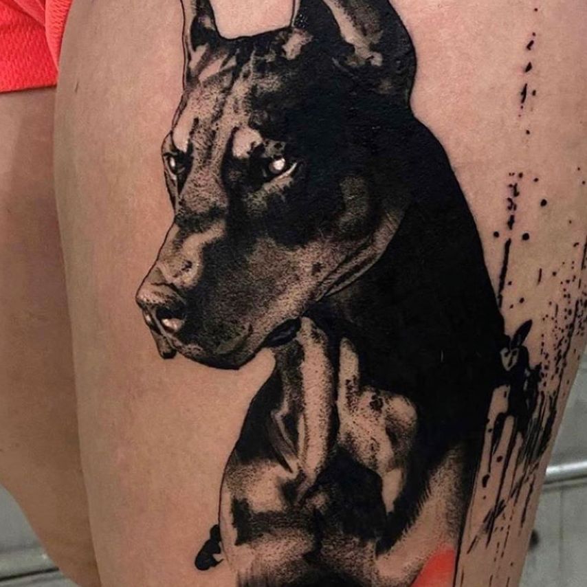 Doberman tattoo by Sasha Made #SashaMade #doberman #dog #blackwork #illustrative #realism #brushstrokes #painterly #pet #petportrait