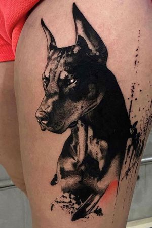 Doberman tattoo by Sasha Made #SashaMade #doberman #dog #blackwork #illustrative #realism #brushstrokes #painterly #pet #petportrait