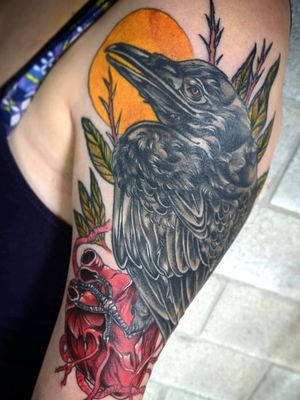 Raven tattoo with a real heart#mtl #montreal #quebec #canada #raven #crow #sleeve #halfsleeve #neotrad #realism #illustrative