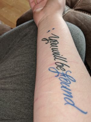 Tattoo fully healed. Exactly 2 months after I got it. Self harm cover up #scar #selfharm #script #semicolon #semicolonproject #musical #theatre #broadway #first #coverup #blue