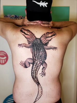 Tattooed AlligatorJesus, turned him into an Alligator God #coverup #blackandgrey
