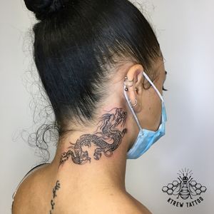 Linework Dragon Tattoo by Kirstie @ KTREW Tattoo - Birmingham, UK #linework #dragon #birminghamuk #necktattoo 