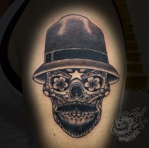 AZ themed sugar skull vato loco on the side of the arm. *Now Booking*