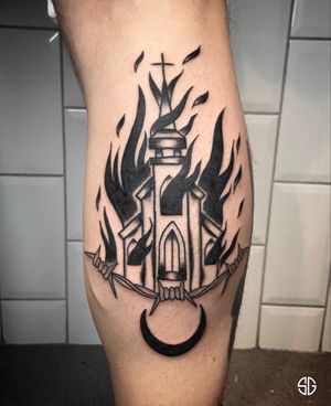 • ⛪️ 🔥 • black work custom pierce by our resident @nicole__tattoo for @oscar.ls.tattooist💥 For bookings and info:•🌐 https://southgatetattoo.co.uk/booking/•📧 info@southgatetattoo.co.uk •📱07456415895‬(WhatsApp only) ⚡️⚡️⚡️#churchtattoo #blackworktattoo #burnedchurch #blackwork #southgate #sg #sgtattoo #southgatetattoo #londontattoo #northlondon #religioustattoos 