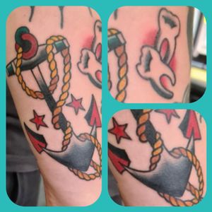 Sailor jerry anchor with freehand teeth filler. Back of the forearm 