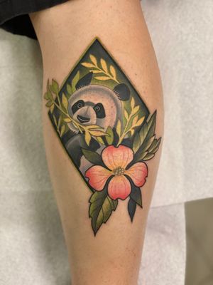 Panda tattoo by Trevor Frasca #TrevorFrasca #panda #flower #neotraditional #color #bamboo #nature