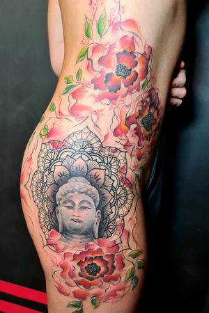 Whole side piece, realism and watercolor vibe !#realism #colorrealism #thigh #sidepiece #watercolor #buddha 
