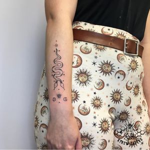 Double Headed Snake & Moon Linework Tattoo by Kirstie @ KTREW Tattoo - Birmingham, UK