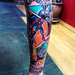 Front shin of Spider-Man Lower leg Sleeve. (1/4 photo) one of my favorite things to tattoo. COMICS! ❤️❤️❤️