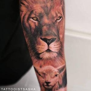Lion and lamb colour portrait tattoo by me