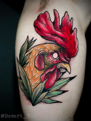 Evil rooster #neotraditional #roostertattoo #rooster #neotraditionaltattoo #color #metal #bicep 