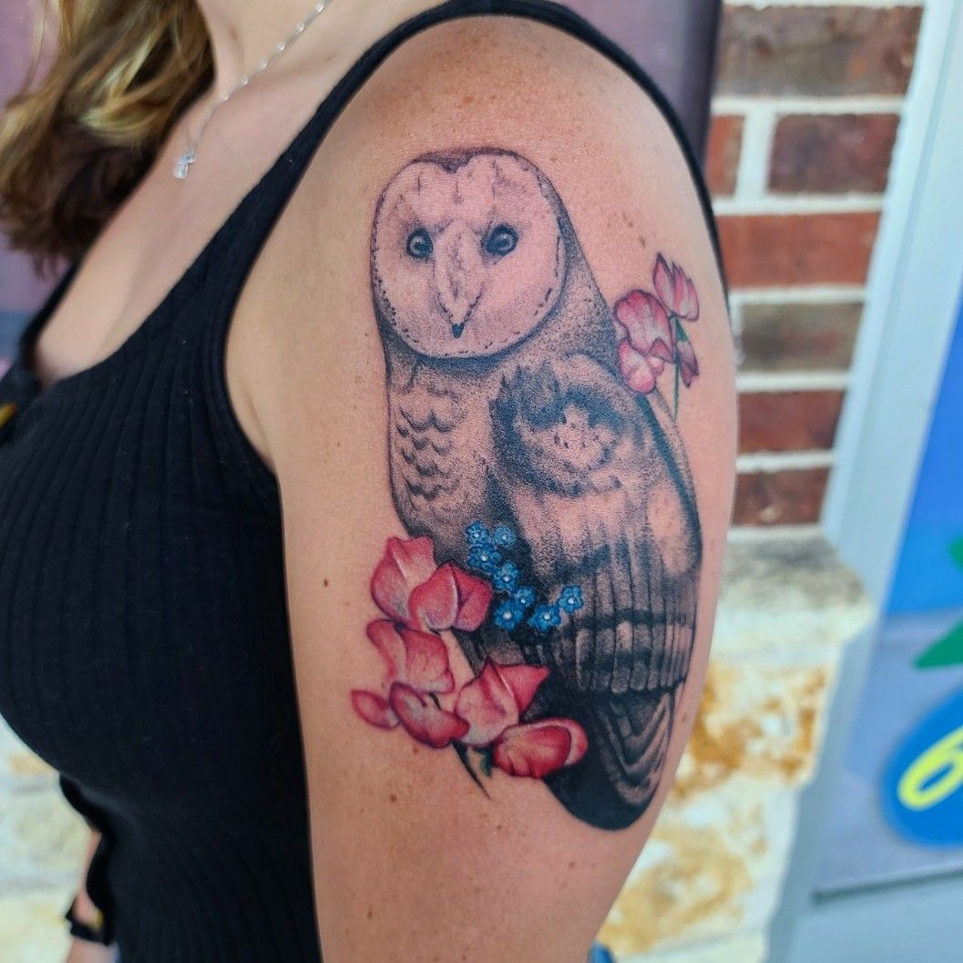 Black Ink Owl Sitting On Floral Branch Tattoo On Wrist By Daniel Huscroft