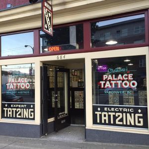 Shop front of Palace Tattoo at 684 East Hastings Street in Vancouver, BC, Canada