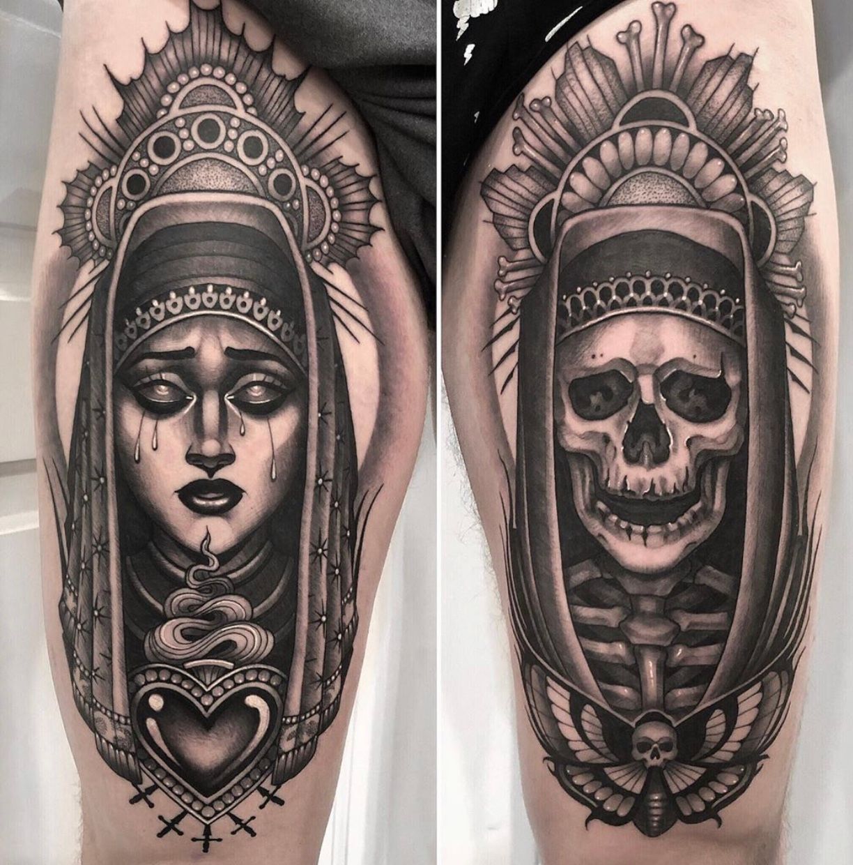 Tattoo uploaded by Tattoodo  Virgin Mary Death Cathedral tattoo by Ben  Thomas BenThomas besttattoos blackandgrey realism realistic  hyperrealism cathedral virginmary skeleton skull church stainedglass  tattoooftheday  Tattoodo