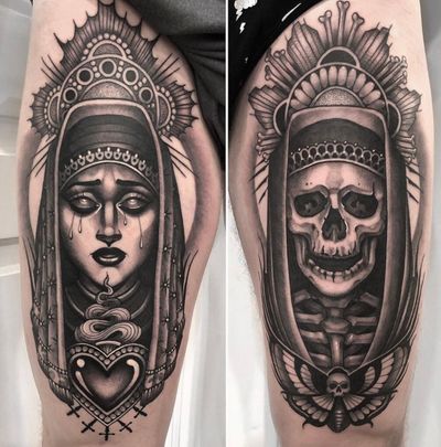 2 matching thighs tattoos done over 2 days with Cheyenne Tattoo equipment 🖤 #skull #virginmary