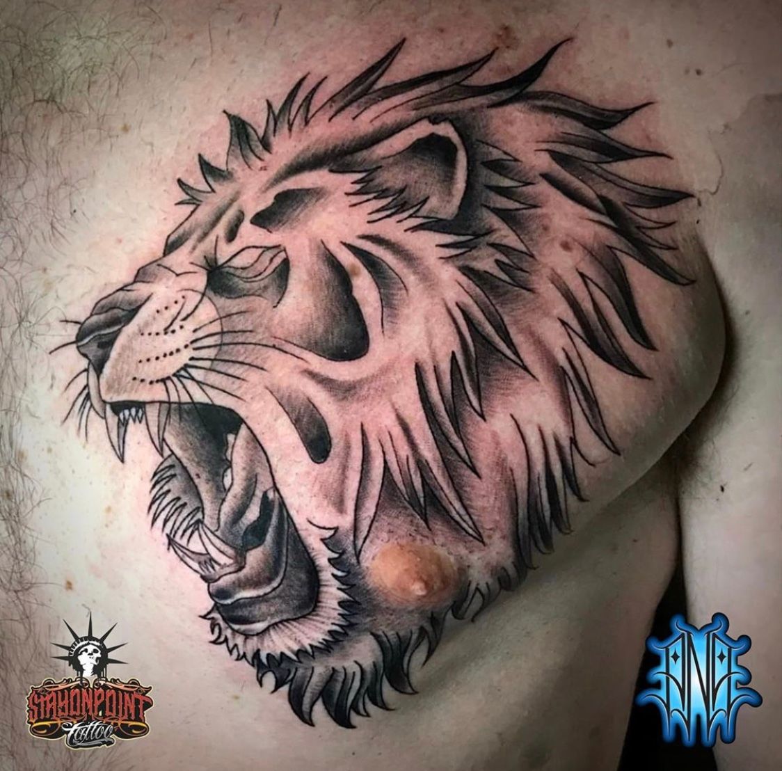 Tattoo uploaded by Stayonpoint Tattoos • Neotraditional Lion chest piece by  Ana • Tattoodo