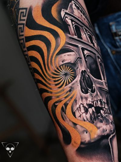 another sleeve in progress - influenced by the heritage of the client #frankfurt #germany #skull #abstract #rome #colosseum #realism #yellow