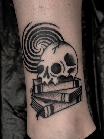 Knowledge and madness skull on books tattoo by satanischepferde #traditional #traditionaltattoo #blackwork #darkart #dark #occult #creepy #skull #skulltattoo #knowledge #madness 