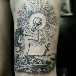 Ignorant style black and gray tattoo featuring water, lotus, skull, mermaid, sword, and woman by Galen Bryce.
