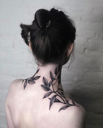 Tattoo by Alena Zozulenko #AlenaZozulenkoo #illustrative #blackandgrey #branch #plant #nature #neck #shoulder 