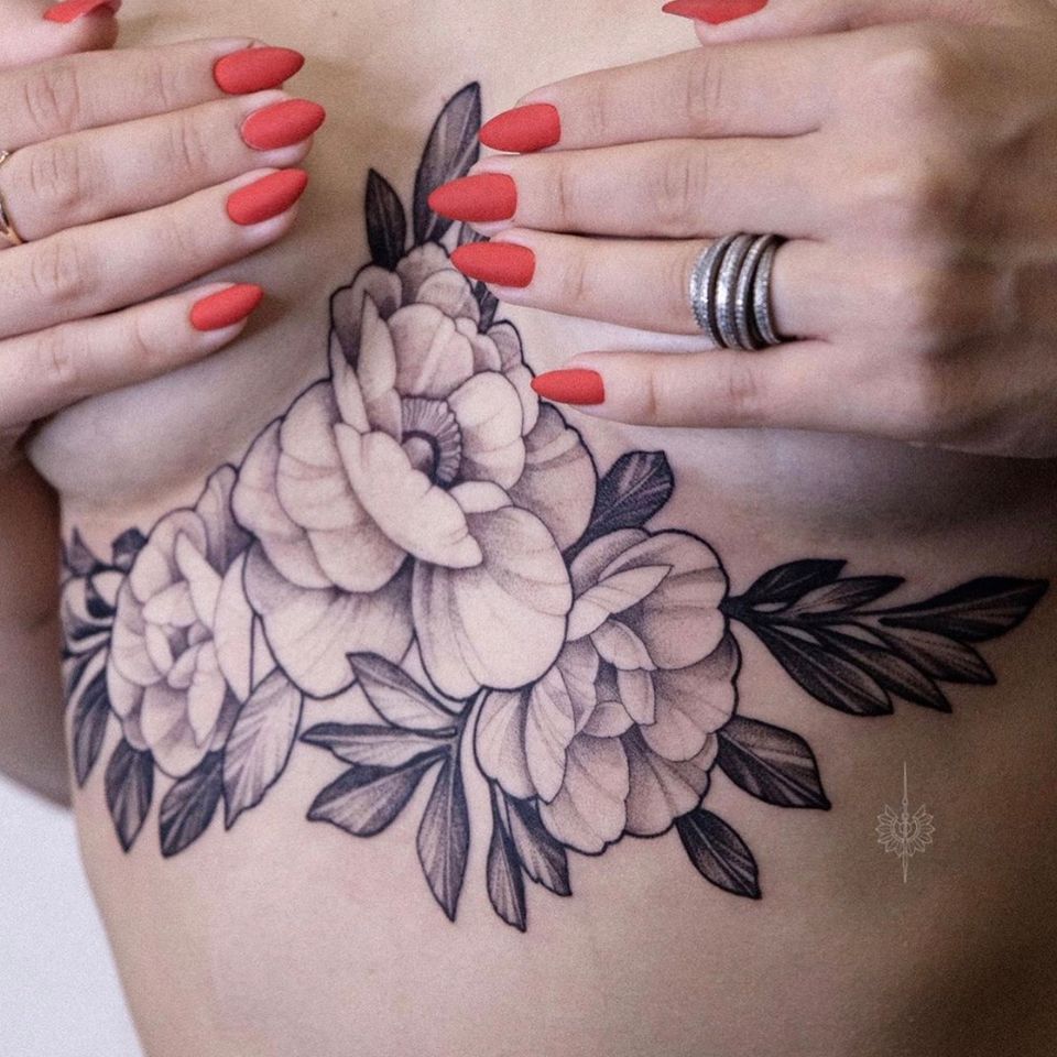 Underboobs tattoo by Zozulenko #Zozulenko Full day session tattoo with flowers! #flowers #underboob