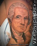 In progress American leg sleeve. George Washington portrait by Veronica Dey at vicious vanity ink tattoo studio