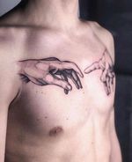 Michelangelo's hands.Tattoo by Alena Zozulenko #AlenaZozulenkoo #illustrative #blackandgrey #hands #chest #michelangelo 