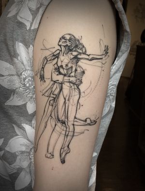 Elegant dotwork and fine line design featuring a woman and figures, beautifully executed on the upper arm.