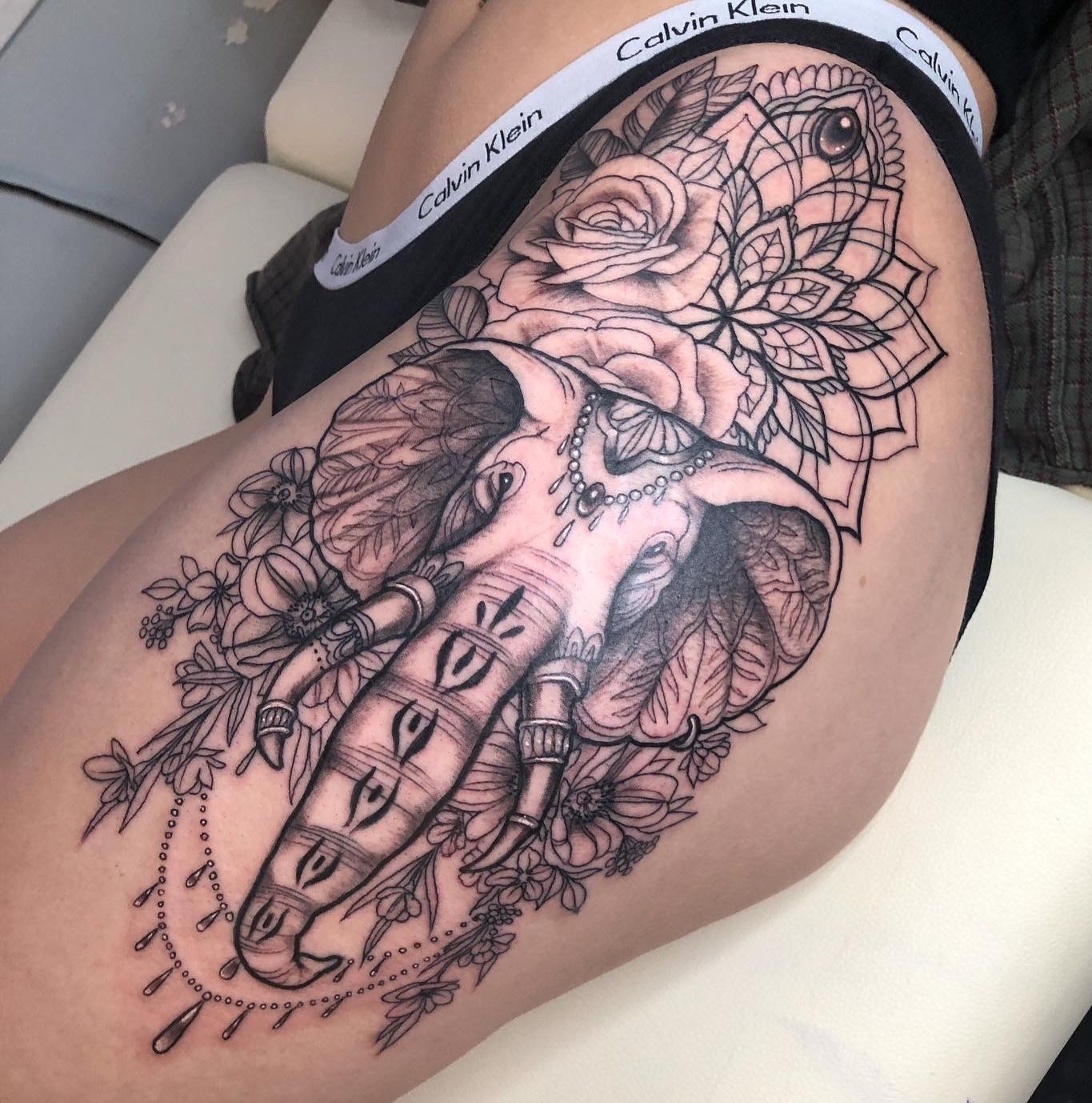 Lotus Thigh Mandala  Tattoo and piercing studio in Farnborough Hampshire  Artists specialising in custom black and grey dotwork floral and cover  ups