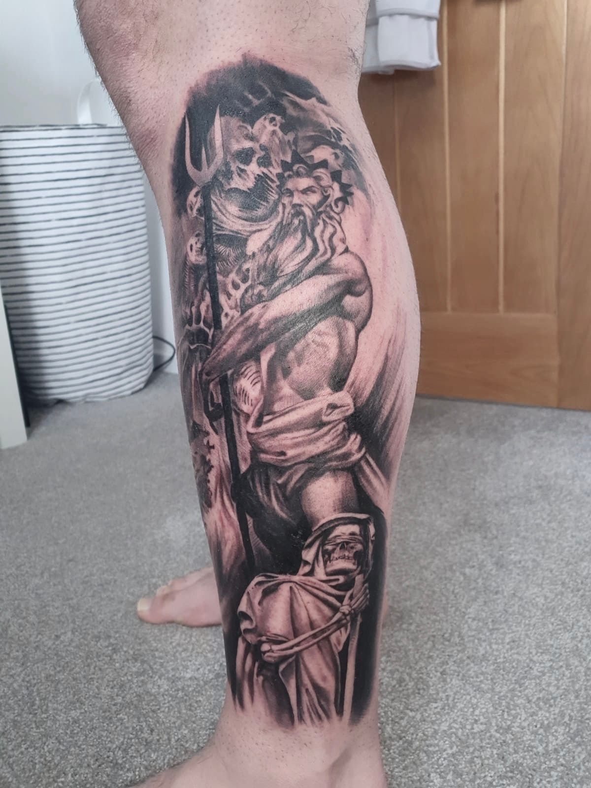 Working on this Greek  Roman Mythology fulllegtattoo PoseidonNeptune  Portrait done  blackandgrey realistic t  Greek tattoos Tattoos Leg  sleeve tattoo
