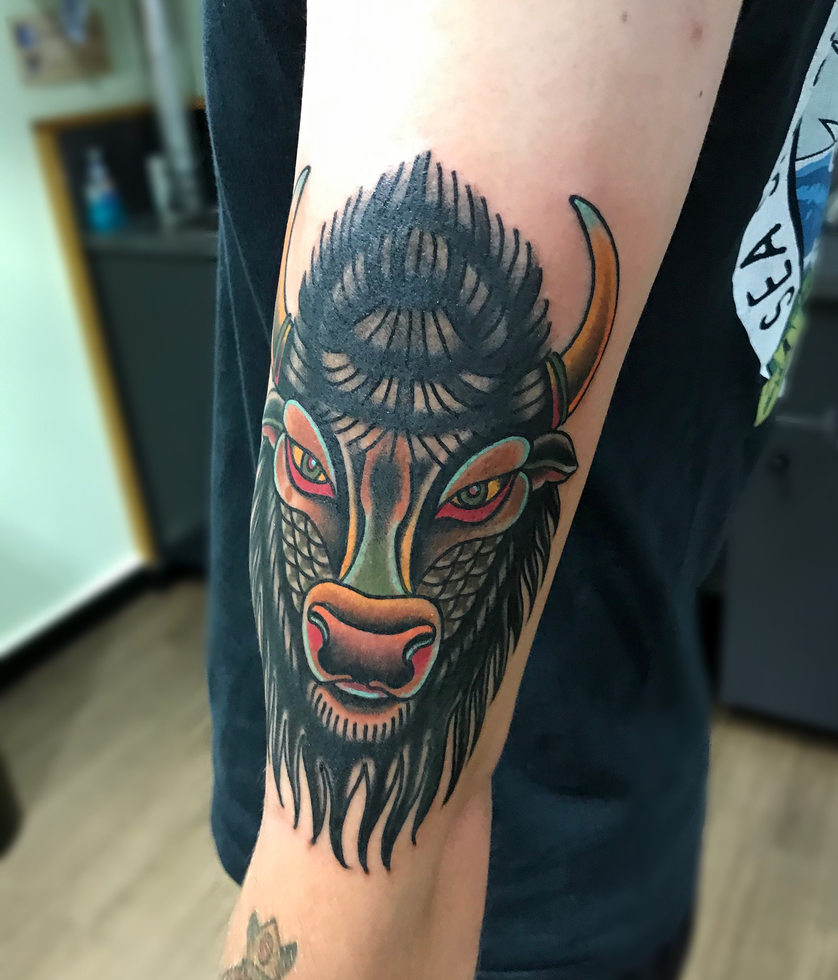 Neo Trad bison by James Cumberland Salvation Tattoo Richmond VA  r tattoos