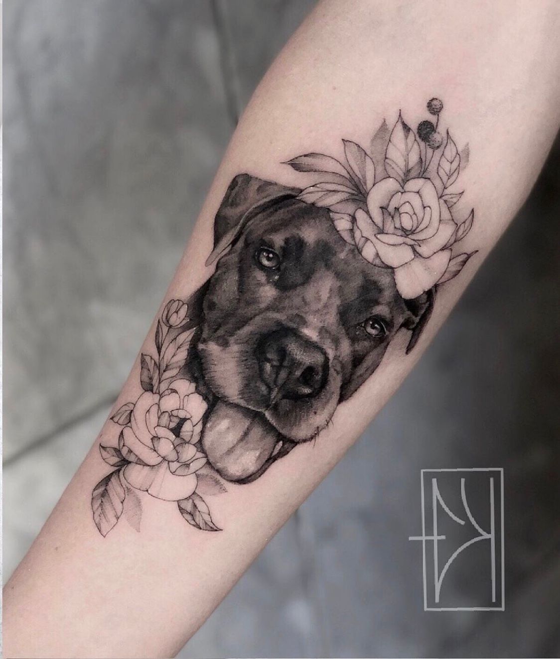Floral Dog Portrait Tattoo  Dog portrait tattoo Dog tattoos Tattoos for  women half sleeve