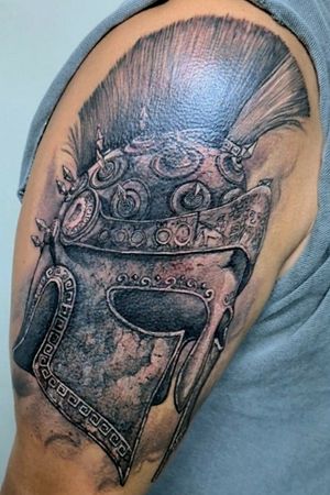 #spartan #helmet #coverup #blackandgrey #shoulder #tattoo