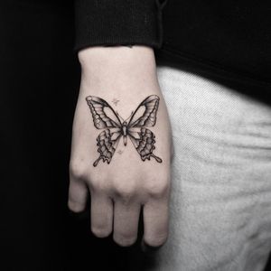 Tattoo by Deven Brodersen #DevenBrodersen #illustrative #fineline #singleneedle #butterfly #handtattoo