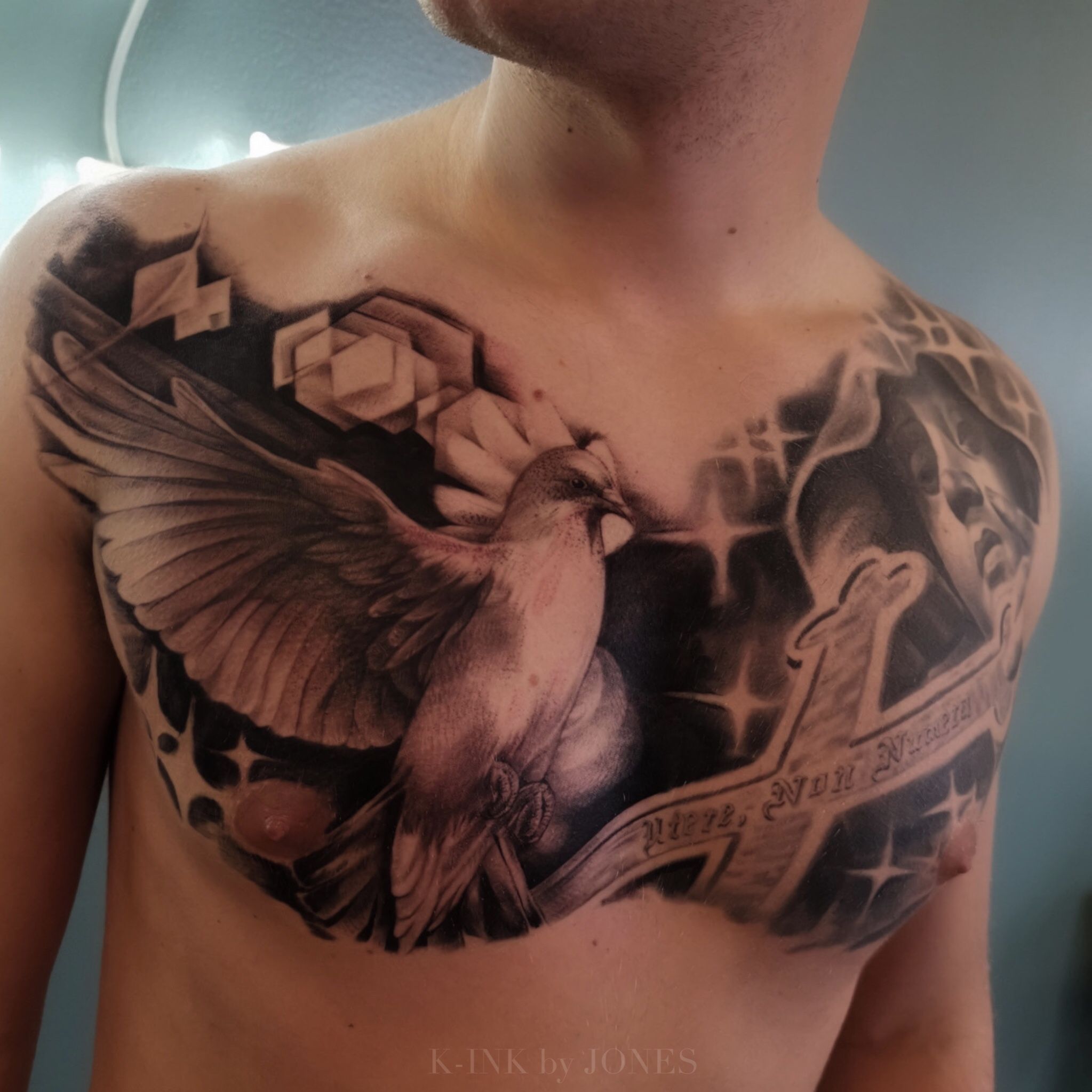 Chest Tattoo with Roses and Birds