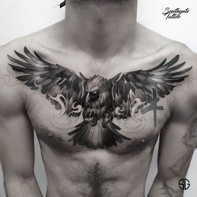 • 🦅 • custom black work chest piece by our resident @oscar.ls.tattooist. Full day session done a couple of weeks ago. For bookings and info: •🌐 https://southgatetattoo.co.uk/booking/ •📧 info@southgatetattoo.co.uk •📱07456415895‬(WhatsApp only) ⚡️ ⚡️ ⚡️ #chesttattoo #birdtattoo #blackworktattoo #blackworkart #londontattoostudio #sg #northlondon #londontattooartist #SGTattoo #southgatetattoo #londontattoo #customtattoo #northlondontattoo #london 